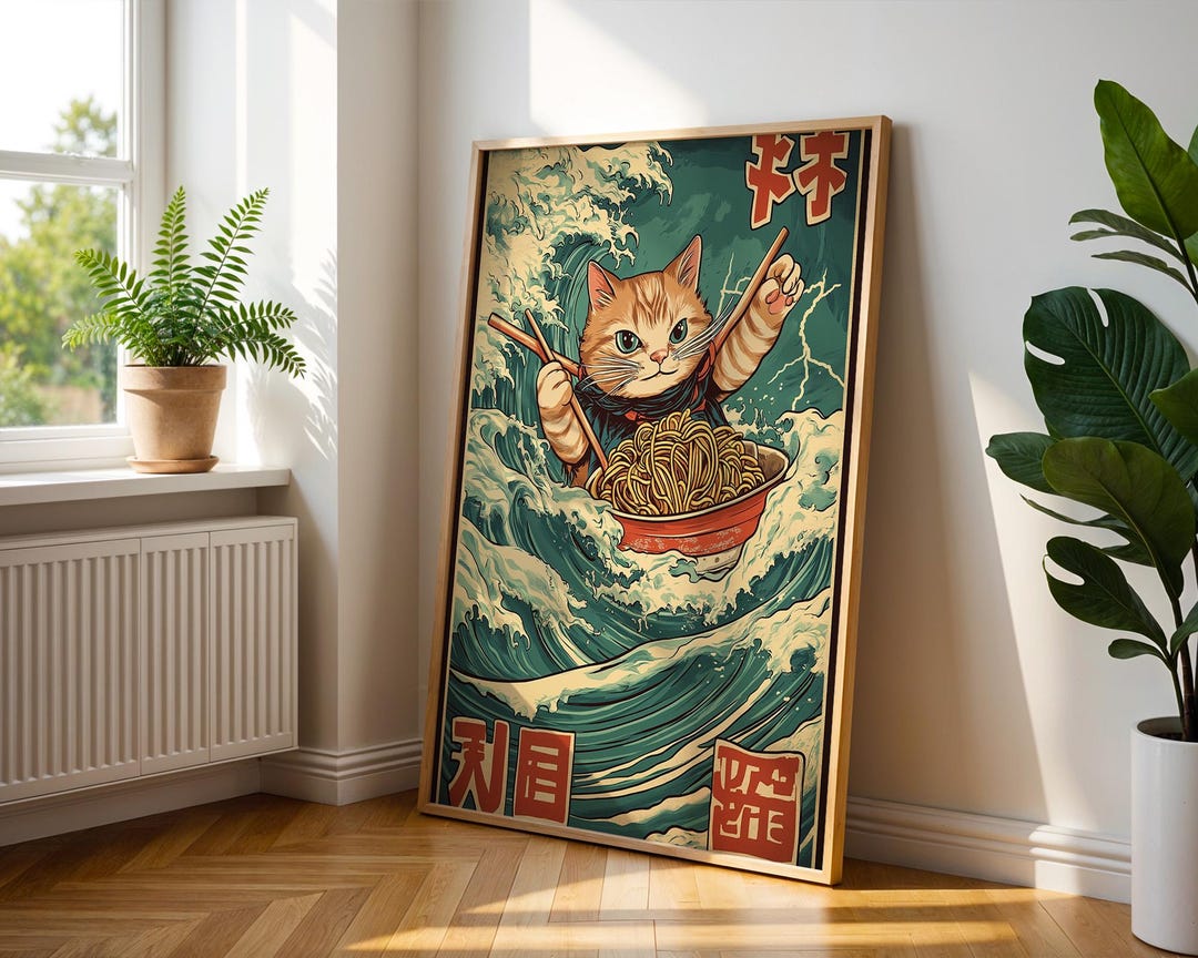 Samurai Cat Ramen Ukiyo-e Poster | Decorative Wall Art Print for Modern ...