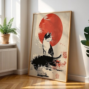 Lámina de gato japonés - Póster vintage de gato - Decoración retro de animales japoneses - Arte mural felino - Regalo para amantes de los gatos