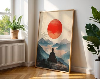 Póster de monje zen al amanecer / Impresión decorativa de arte mural para interiores modernos