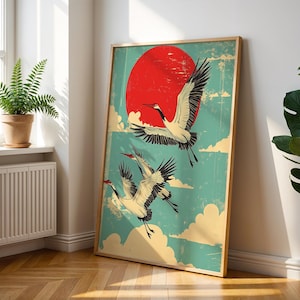 Póster vintage de grulla japonesa - Arte mural japonés retro - Decoración de pared de inspiración asiática - Estampado bohemio de grulla japonesa - Póster de pájaro - Estampado animal