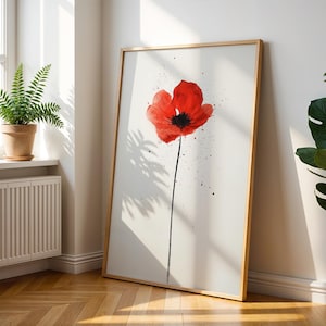 Estampado minimalista de flores de amapola roja - Arte de pared floral abstracto en acuarela - Pintura botánica moderna para decoración del hogar y la oficina - Póster de flores