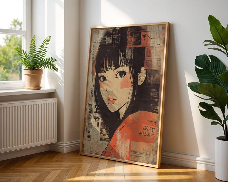 May include: A framed print of a woman with black hair and a red shirt. The background is a collage of abstract shapes and textures. The text "TO-J-REM" and "WUT7ONE7" is visible in the bottom right corner.