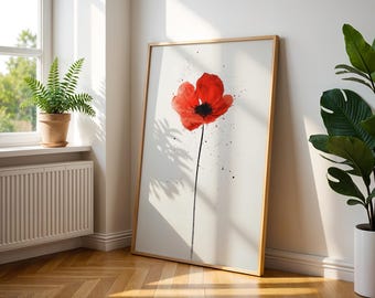 Decoración minimalista abstracta con amapolas rojas florales / Impresión de arte mural con flores coloridas para interiores modernos