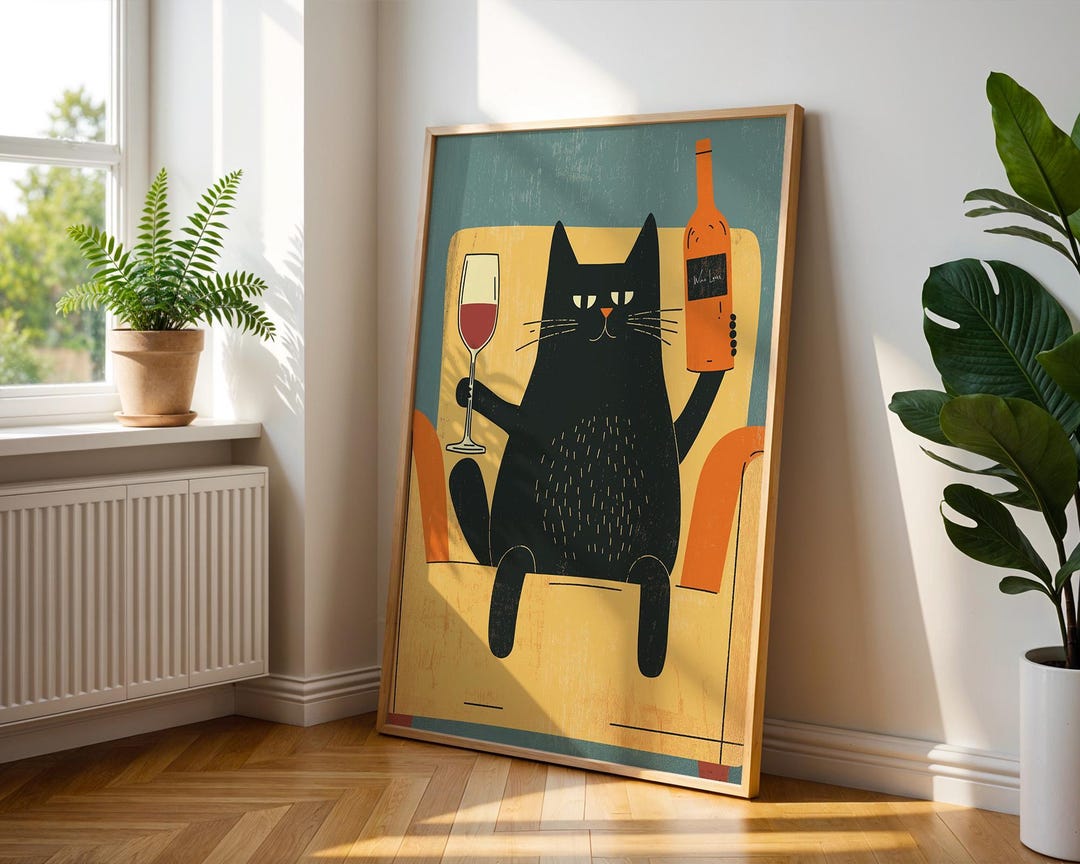 Funny Black Cat Wine Decor | Decorative Wall Art Print for Modern ...