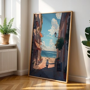 Spanish Coastal Street Poster – Mediterranean Beach Wall Art - Vespa by the Sea - European Summer Travel Print - Spain Lover Wall Decor