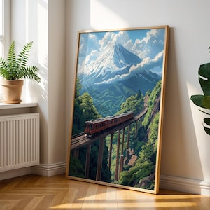 Mount Fuji Anime Poster: Vintage Japan Train Art