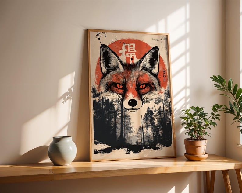 May include: A digital art print featuring a red fox with a red sun behind it. The fox is looking directly at the viewer. The background is a dark forest with trees. The print has Japanese characters on it.