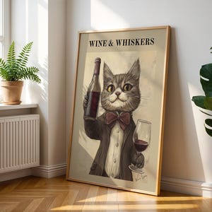 Wine Lover Collection Wall Art - Wine & Whiskers Cat Art - Funny and Quirky Wine Cat Poster - Cat Lover Print - Wine Kitchen Wall Art