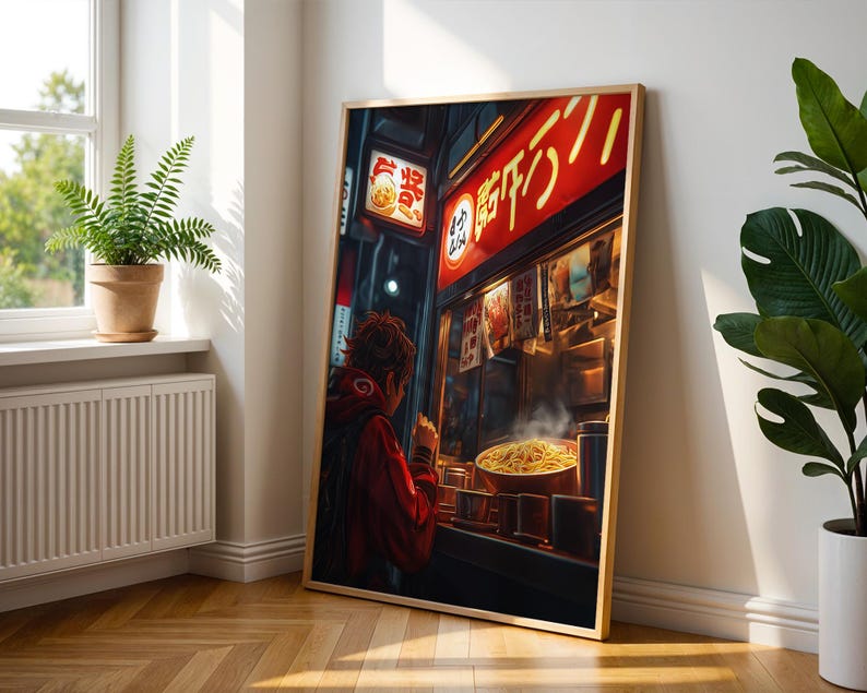 May include: A digital painting of a person standing in front of a Japanese restaurant with a red sign that says "麺 巧" in Japanese. The restaurant is lit up with warm yellow lights and there is steam coming from the food inside. The person is wearing a red jacket and is looking at the food.