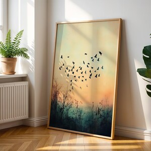 Vogel Wandkunst - Minimalistischer Naturdruck - Sonnenuntergang Himmel Poster - Gelassener Landschaftsdruck - Ruhige Vogel Silhouette - Moderne Boho Dekor
