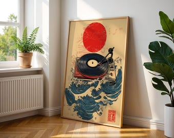 Póster de tocadiscos de vinilo japonés retro / Impresión decorativa de pared para interiores modernos