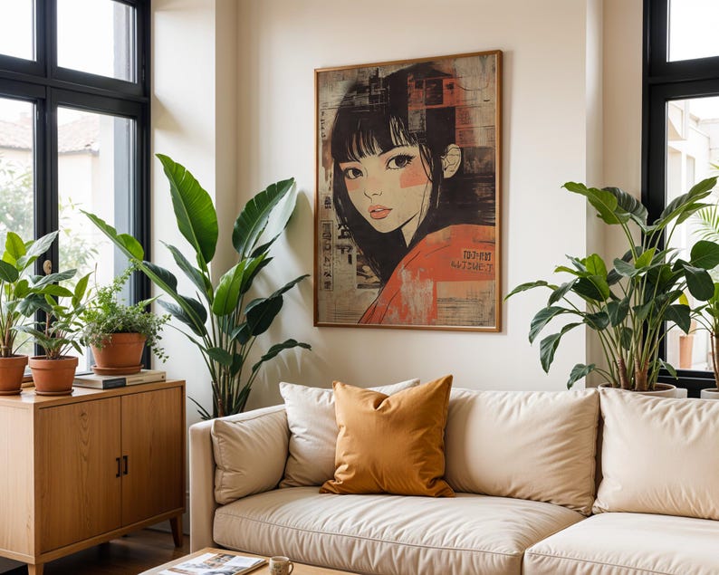 May include: A white sofa with a brown cushion in a living room featuring a framed print of a woman's face with black hair and a red shirt. The print is on a white wall with a large window behind the sofa. There are plants in the room.