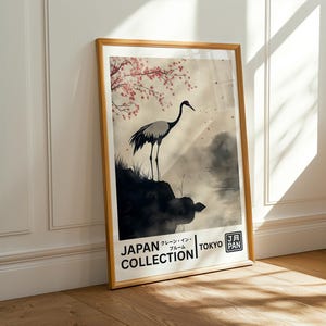 Colección japonesa de grullas en flor - Arte mural minimalista japonés de grullas - Póster de grulla japonesa estilo tinta - Decoración mural japonesa moderna - Arte de aves