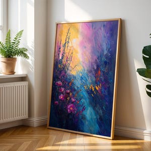 Lámina de arte de río y flores silvestres - Póster de arte abstracto - Arte de pared floral - Decoración de pared de naturaleza colorida - Impresión de atardecer impresionista - Arte boho