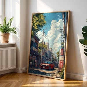 Vintage Car In Traditional Japanese Street Wall Art – Anime Poster - Classic Red Car Wall Decor - Japanese Town Poster - Anime Lover Gift