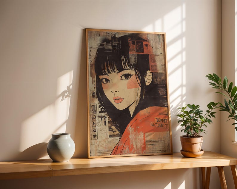 May include: A framed print of a woman with black hair and a red and white patterned shirt. The print has Japanese text on it.