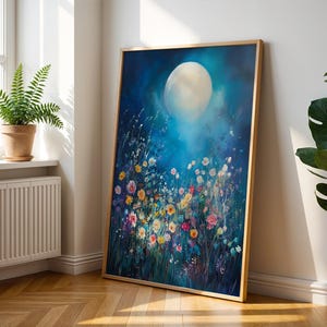 Impresión de arte floral de luna - Póster de arte abstracto - Decoración de pared de flores - Póster de flores silvestres - Obra de arte del cielo nocturno - Arte de pared de luna - Impresión de naturaleza bohemia