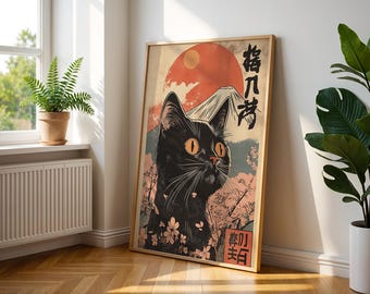 Schwarze Katze Mt. Fuji Kunstdruck: Japanische Sakura Poster