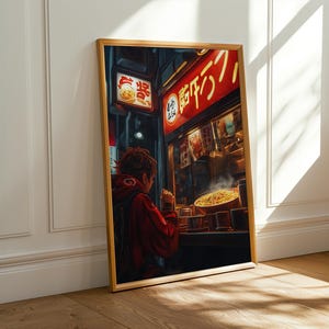 May include: A digital painting of a person standing in front of a brightly lit storefront with a red sign that reads "焼きそば" in Japanese. The person is wearing a red jacket and is looking at a plate of food. The storefront is filled with steam and light.