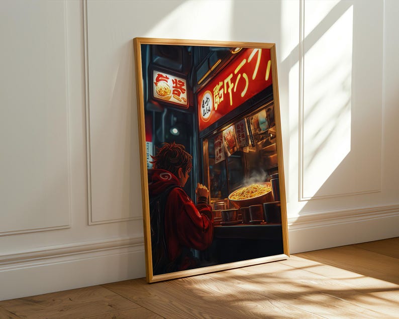 May include: A digital painting of a person standing in front of a brightly lit storefront with a red sign that reads "焼きそば" in Japanese. The person is wearing a red jacket and is looking at a plate of food. The storefront is filled with steam and light.