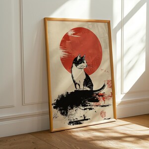 May include: A black and white cat sits on a rock with a red sun behind it. The image is in a minimalist style with black ink lines and a red sun.