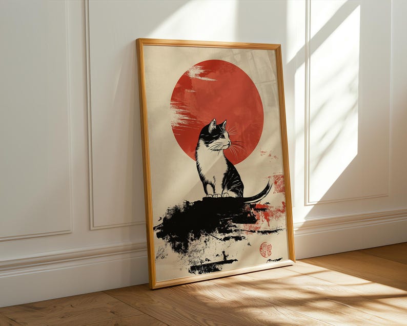 May include: A black and white cat sits on a rock with a red sun behind it. The image is in a minimalist style with black ink lines and a red sun.