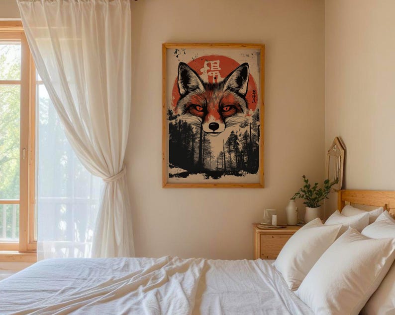 May include: A framed print of a red fox with a red sun behind it. The fox is looking directly at the viewer. The print has Japanese characters on it. The print is hanging on a wall in a bedroom.