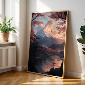 Japanse anime-muurkunst - Sakura-poster zonsondergang en berg Fuji - traditionele Japanse print - samoeraiposter - muurdecoratie kersenbloesem