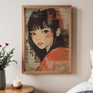 May include: A framed print of a woman with black hair and a red and orange patterned shirt. The background is a collage of images and text in Japanese. The text in the image reads "TODJ-1101  HIITSUWE-T"