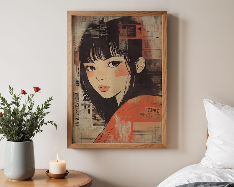 May include: A framed print of a woman with black hair and a red and orange patterned shirt. The background is a collage of images and text in Japanese. The text in the image reads "TODJ-1101  HIITSUWE-T"