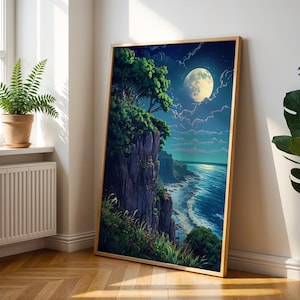Póster de Anime Moonlit Cliffside - Arte mural de océano y luna - Decoración de anime con estética lofi - Impresión para amantes del anime - Decoración de pared de anime con cielo nocturno
