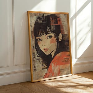 May include: A framed illustration of a woman with long black hair, wearing a red and orange shirt. The background is a collage of textured paper and Japanese text.