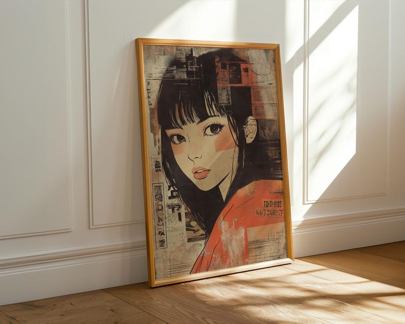 May include: A framed illustration of a woman with long black hair, wearing a red and orange shirt. The background is a collage of textured paper and Japanese text.