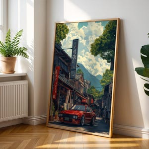 Anime Vintage Car In Traditional Japanese Street – Anime Wall Art - Classic Red Car Poster - Japanese Town Wall Print - Car Wall Decor