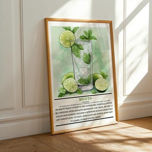 Arte mural de cóctel mojito: póster de mojito con menta fresca y lima; decoración de bar inspirada en acuarela; arte mural de cóctel cubano clásico.