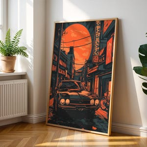 Retro Japanese Car Poster – Cyberpunk Anime Style Tokyo Street Art Print - Muscle Car Wall Decor - Neon Anime Sunset Wall Art - JDM Poster