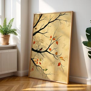 Minimalistischer Herbstzweig Kunstdruck - Herbstblätter Aquarell Druck - Natur Wanddekor - Japanisches Tusche Poster - Elegante Vogel Illustration
