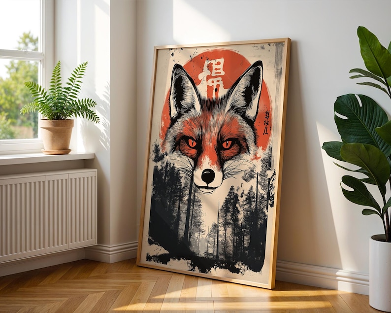 May include: A red fox with a white chest and a black nose is depicted in a forest setting. The fox's eyes are red, and the background is a dark forest with a red sun rising in the distance. The Japanese characters "真" and "月" are visible in the image.