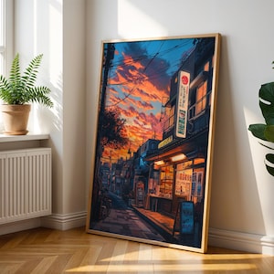 Puede incluir: Una pintura digital de una calle estrecha en Jap&oacute;n al atardecer. La calle est&aacute; bordeada de edificios, algunos de los cuales tienen letreros en japon&eacute;s. El cielo es de un naranja y rosa vibrantes, y hay nubes en el cielo. La calle est&aacute; vac&iacute;a, excepto por unas pocas personas que caminan en la distancia.