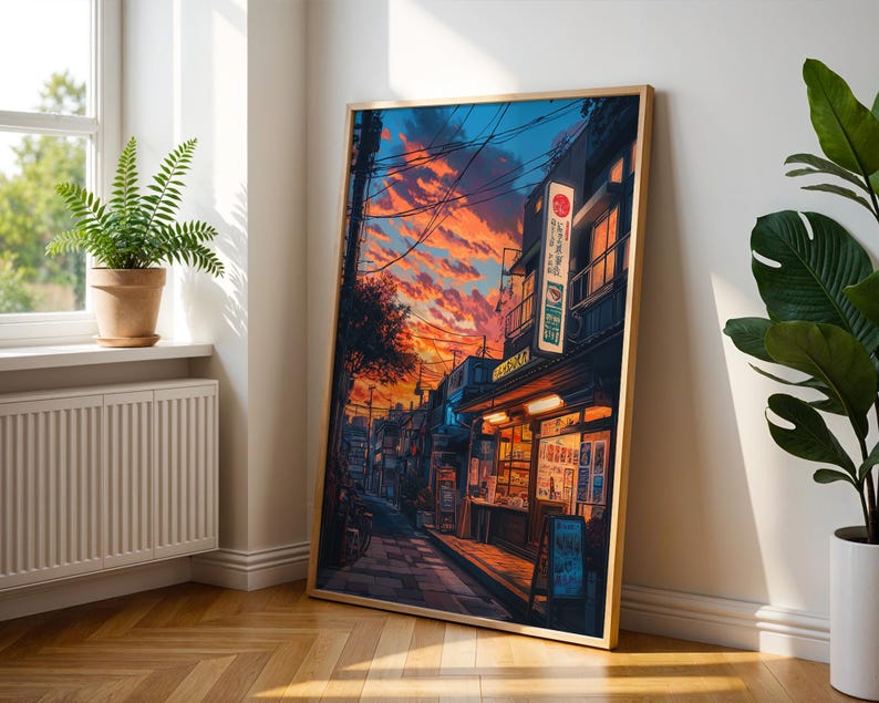 Puede incluir: Una pintura digital de una calle estrecha en Jap&oacute;n al atardecer. La calle est&aacute; bordeada de edificios, algunos de los cuales tienen letreros en japon&eacute;s. El cielo es de un naranja y rosa vibrantes, y hay nubes en el cielo. La calle est&aacute; vac&iacute;a, excepto por unas pocas personas que caminan en la distancia.