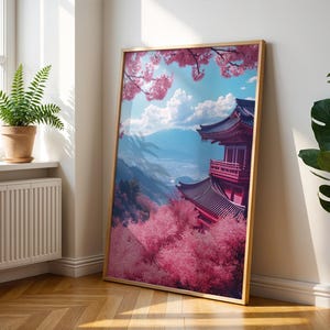 Japanese Blossom Art Print: Traditional Building Travel Poster
