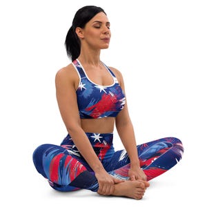 Red White Blue Star Yoga Set – High-Waisted Leggings & Sports Bra – Patriotic Workout Outfit