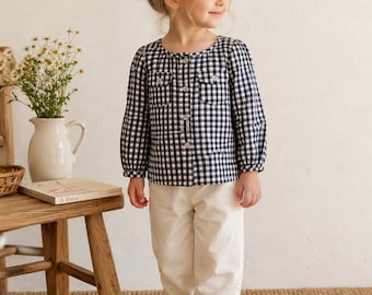 Vintage French button up top, Marie Claire Enfants size 3-4 gingham checkered top, vintage kids cardigan
