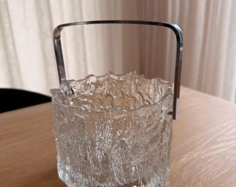 Balde de gelo vintage Iittalla em vidro texturizado com alça. Design escandinavo, Finlândia, estilo moderno de meados do século XX.