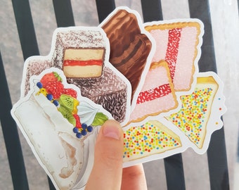 Aussie Food Sticker Pack, Vinyl Stickers, Tim Tams, Iced Vovo, Lamington Cake, Pavlova Meringue, Fairy Bread Sticker Set of 5 Australia Food