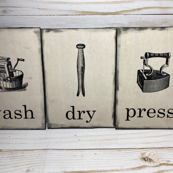 Vintage Laundry Room Wall Art Set// Wash Dry Press Vintage Laundry Illustration//Antique Laundry Room Art