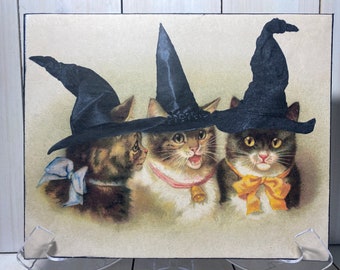 Victorian Halloween Witch Cat Sign, Vintage Cat Witches Wall Decor,Halloween Witch Cat Decor