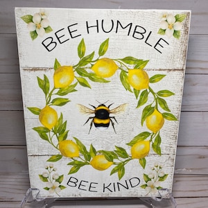 Farmhouse Bee Humble Sign, Bee Kind Lemon Wreath Sign, Bumblebee Decor, Bee Lover Gift