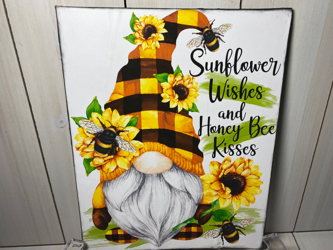 Sunflower gnome sign summer gnome sunflowers and bees wall  etsy
