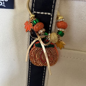 May include: A gold-toned metal keyring adorned with a beaded pumpkin charm, orange and green leaf charms, and various decorative beads in orange, green, and cream. A thin gold ribbon is tied in a bow around the top of the pumpkin charm.